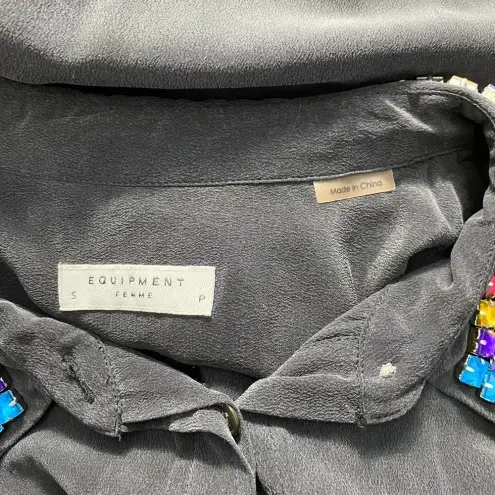 Equipment Rainbow Jeweled Collar Silk Button-Down Blouse Gray Size US Small