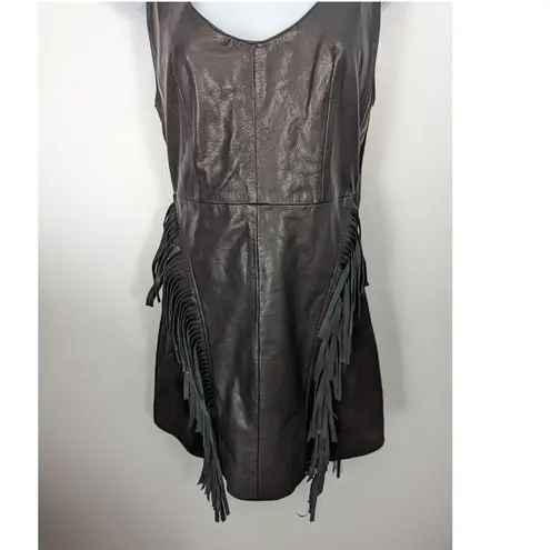 Nasty Gal  Black Leather Suede Sleeveless Mini Dress Long Fringe Mesh Back Small