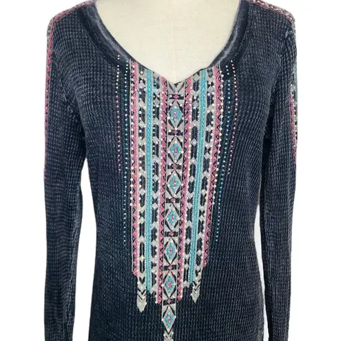 Vocal Y2K Top Black Gray Southwest Rhinestone Embellished Waffle Thermal USA