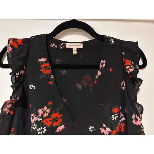 Rebecca Taylor Marguerite Black Floral Silk Top Size US XS 2 (EU 6) EUC Ruffles