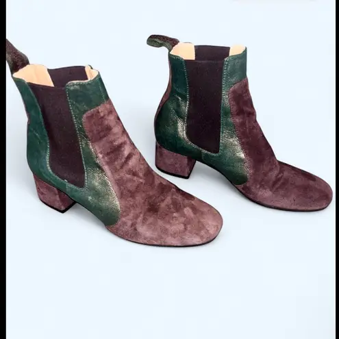 Maliparmi Women’s Brown Green Suede Boots Size 7 Italy Low Heel Ankle Booties
