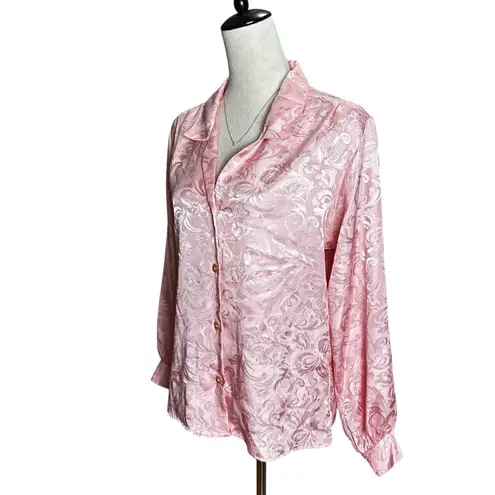 Vintage Laura Mae Pink Satin Baroque Floral Draped Blouse 12 | Silky Retro Glam