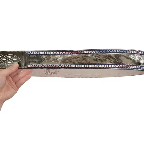 Brown Genuine Leather Calf Hair Aztec Ribbon Trim Belt Size 40