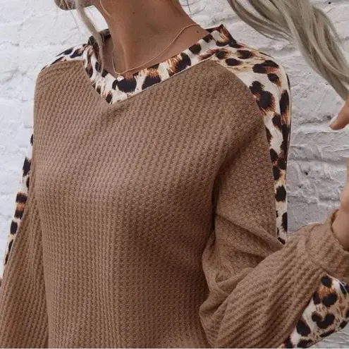Anna Kaci Leopard Panel Waffle Knit V Neck Sweater Brown Size L