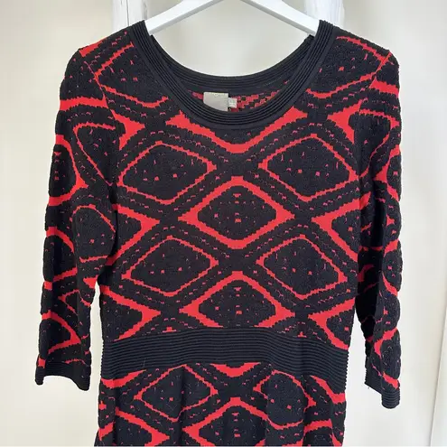 Taylor Fit and Flare Black and Red Geometric Long Sleeve Sweater Dress Size L Size L