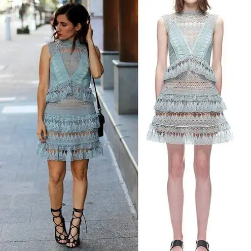 Boutique  Unbranded Mini Dress Sleeveless High Neck Lace Ruffle Sage Mint Blue