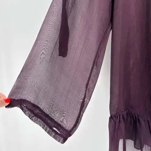 Le Marais Paris Silk Blouse Women's Medium Plum Ruffle Bow Back Sheer Roll Tab Purple