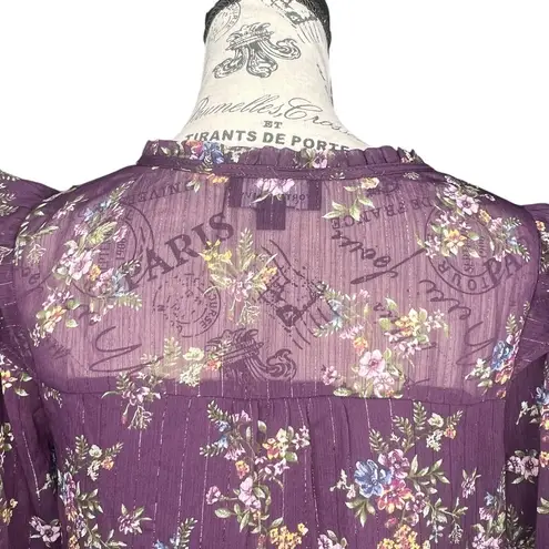 Fortune + Ivy PETITE SMALL Metallic Ruffle Tie Neck Sheer Arm Long Sleeve Blouse