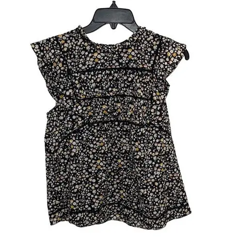 Rails Filomena Lace Inset Top Size XS Black Floral Pleated Flutter Cap Sleeve