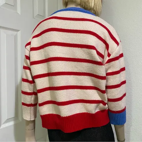 Striped Thick Knit Heart Patch 3/4 Sleeve Cropped Cardigan Sweater Red