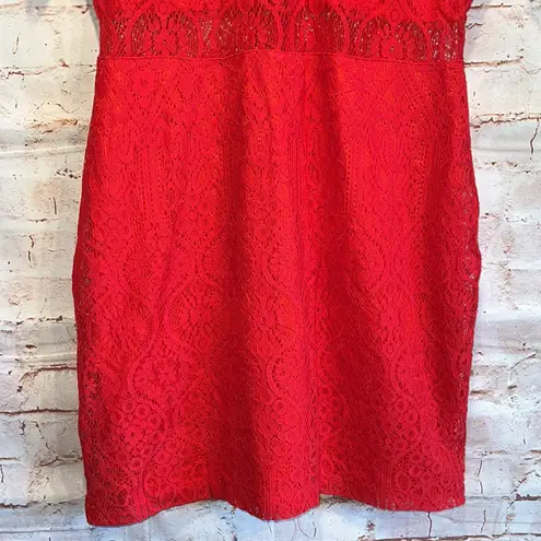 Lulu's short sleeve lace overlay dress XL mock neck eyelash lace back zipper RED