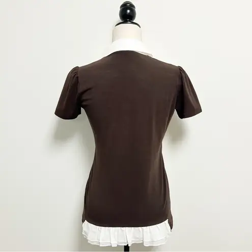 Birdie Bee Brown White Pleated Button Up Short Puff Sleeve Collared Top XS