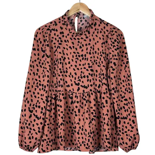 White Birch Top Womens S Pink Tiered Ruffle Long Sleeve Animal Print Boho Indie