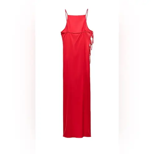 ZARA New Womens Red Tied Satin Effect Midi Dress XS Open Back Slit, Lining, Zip