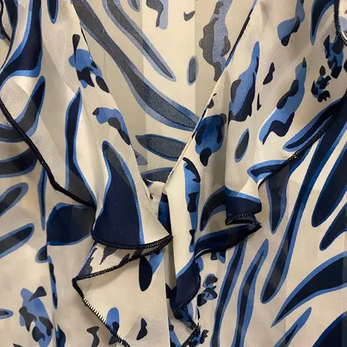 Naomi Womens Sheer Button Down Blouse XL 42” Blue White Print Ruffles Beach