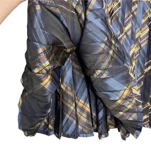 São Paulo Midnight Blue Metallic Satin Plaid Pleated Circle Skirt Size M