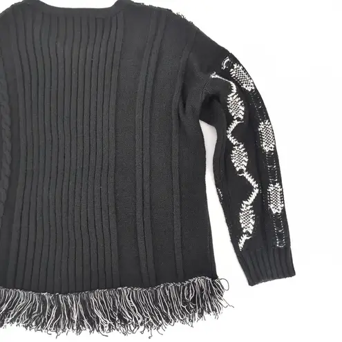 Desigual Jers Brixton Black & White Wool Blend Fringe Hem Sweater - Size M - GUC