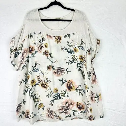 lungo l'arno  Linen Floral Crochet Top Size 3X Short Sleeve Cream