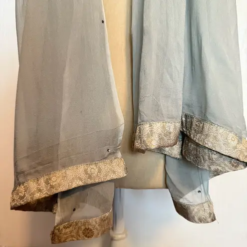 Women's teal gray Scarf with Gold Lace Trim Elegant Chic