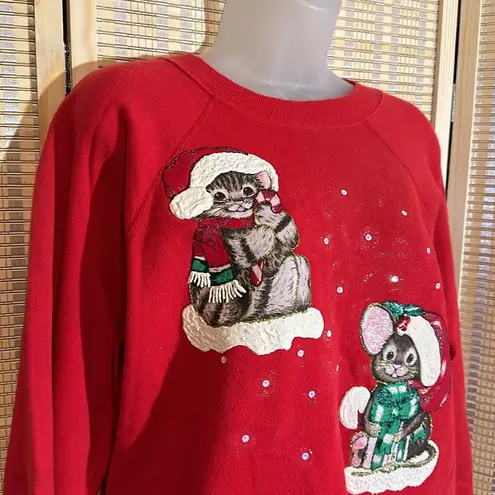 Adorable Vintage 1990s Y2K Cat and Mouse Christmas Sweatshirt Pannill Medium Red