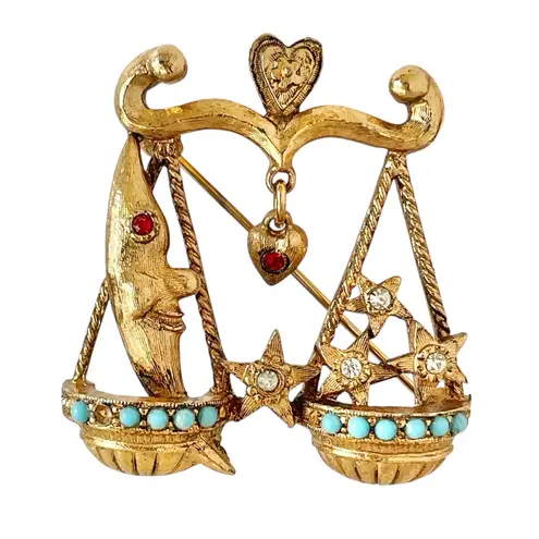 VTG Gold Tone Textured Libra Zodiac Brooch