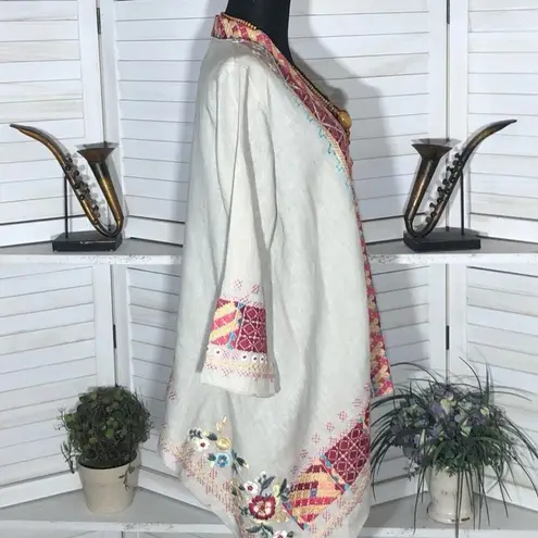 Johnny Was Kimono Cardigan Embroidered Boho Aztec Linen Multicolor Medium