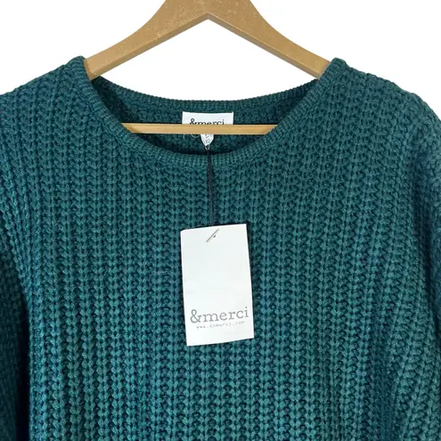 NWT &Merci Fringe Sleeve Sweater Size L Green Chunky Knit Textured Boho Western