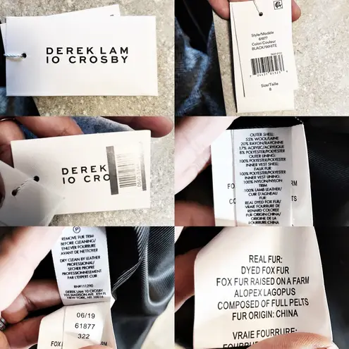 Derek Lam 10 CROSBY Tweed Coat Wool Fur Collar Pockets White Black Designer 8