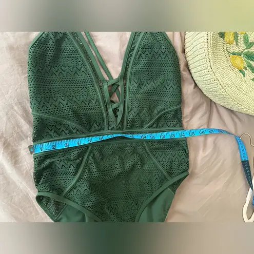Army Green Crochet One Piece Swimsuits V Neck High Waist Bathing Suit Monikini Size L