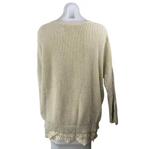 Pins and Needles Women's Beige Lace Hem Crewneck Long Sleeve Sweater Top Size S