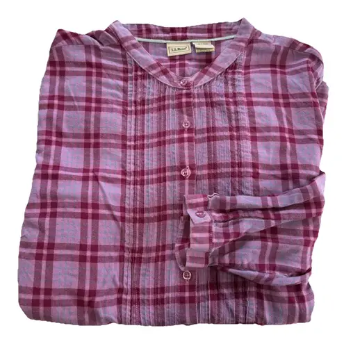 LL Bean Pink Plaid Flannel Pleated Button Up Long Sleeve Top Size XL