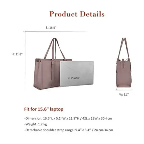 Ecosusi Tan Vegan Faux Leather Laptop Tote Bag 15.6” Work Purse 16x12