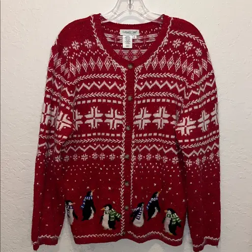 Vintage Holiday Sweater Red Sweater with Penguins and snowflakes fair isle Size L