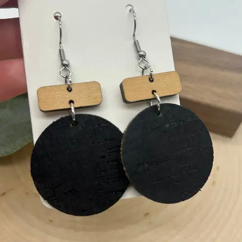 Handmade Cork on Leather and Wood Circle Round Neutral Dangle Lightweight Earrings
