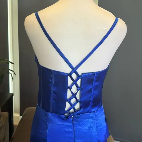 Women’s Blue Full Length Prom Dress CrissCross Straps Leg Slit Size 6 *READ