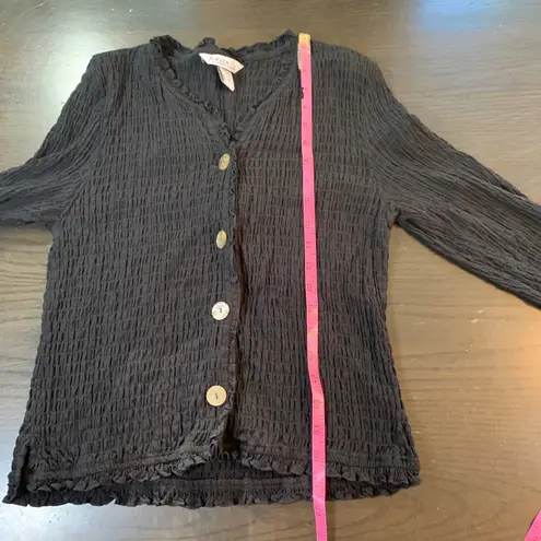 Cottagecore Ruffle Crinkle Button Top Black Boho Minimalist Rayon M Fresco Size M