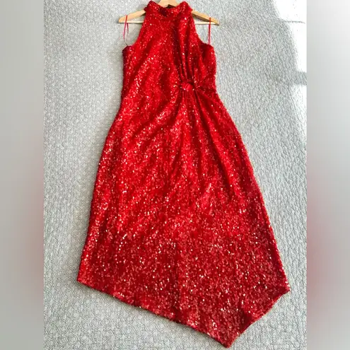 Ciebon Signy Red Sequin Asymmetrical Midi Dress Holiday Sparkle Gown Size L Size L