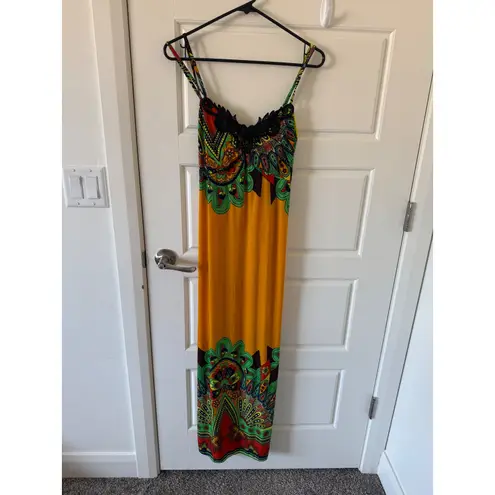 ACE Fashion Womens Long Yellow Floral Paisley Sleeveless Maxi Dress sz L Boho