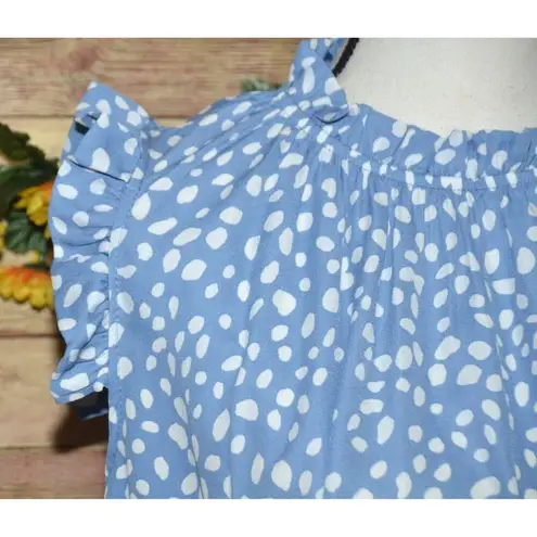 Hailey & Co. Blue & White Spotted Short Sleeve Blouse Top Size M Ruffle Trim
