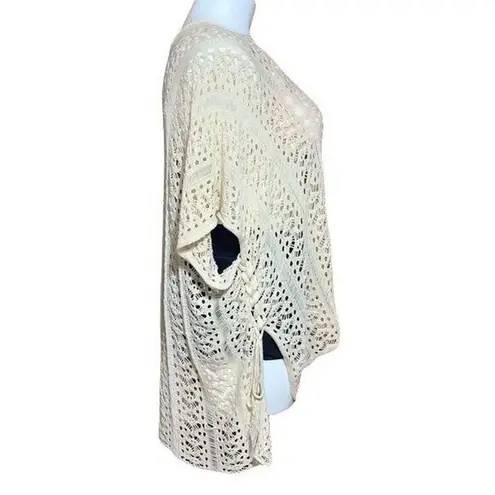 Boutique Womens Lacey Knit Crocheted Pullover Poncho Sweater Coverup Tan OS