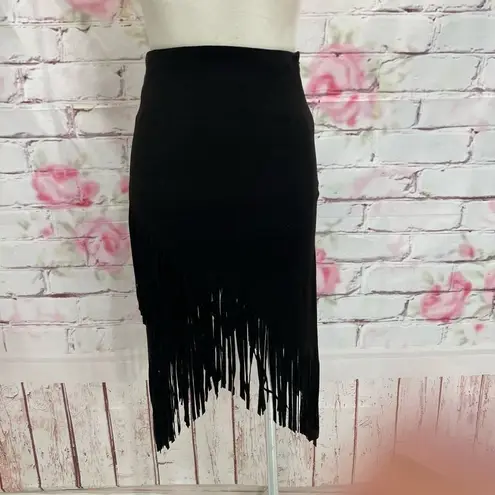 AQUA  Women's Faux Suede Long Fringed Asymmetrical Wrap Style Black Skirt Size S