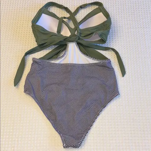 Medium Olive Sage Green Black White Striped Monokini One Piece Swimsuit