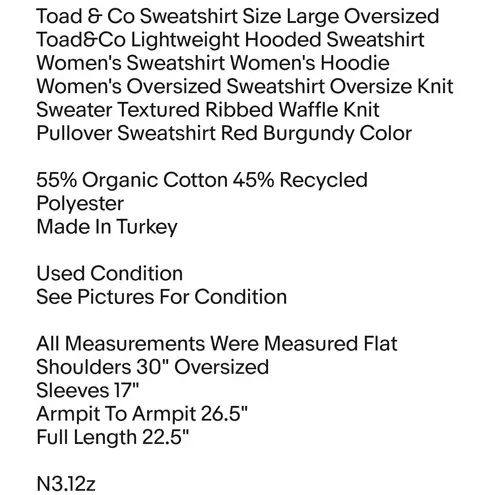 Sweatshirt Size Large Oversized Toad&Co Lightweight Hooded Sweatshirt Women's