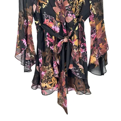 City Chic Malaga Floral Mini Dress in Black size S/16 Bell Sleeve Faux Wrap