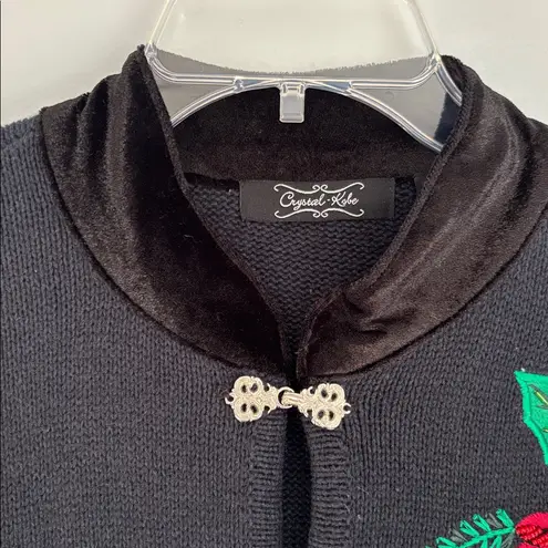 Vintage 90s Christmas Sweater: Crystal Kobe Poinsettia Sequins Velvet Trim Sz XL Black
