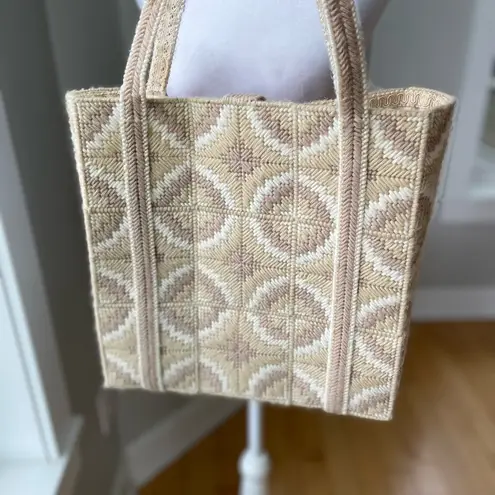 Vintage White Neutrals Handmade Bargello Needlepoint Lined Square Tote Bag Purse Tan