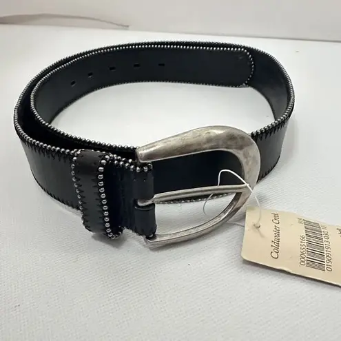 Coldwater Creek Belt Black Leather Silver Bead Trim Hammered Boho Western Small