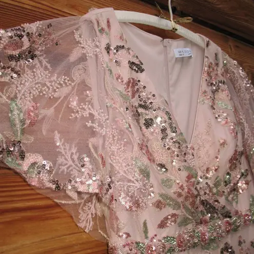 Mac Duggal Womens Pink Floral Embellished Short Sleeve Gown 67880 Runs Small