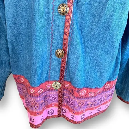 Vintage 90s Denim Jacket Pink Trim Medium Wash Floral Printed Shacket Large Blue