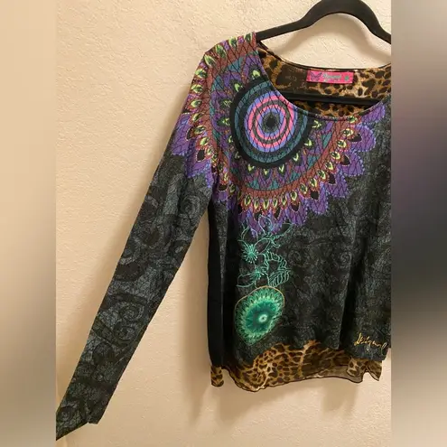 Desigual Artsy Mixed Media Animal Print Long Sleeve Layered Blouse Size M